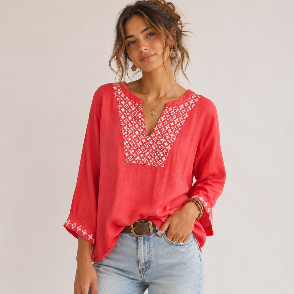 Beautiful by Lawrence Zarion Blouse Women's Size 1X Embroidered Red Linen-Blend